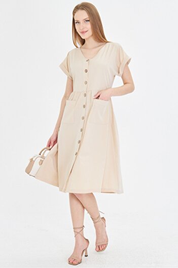 armonika Women's Beige Pocket Buttoned Front Dress ARM-19Y001105