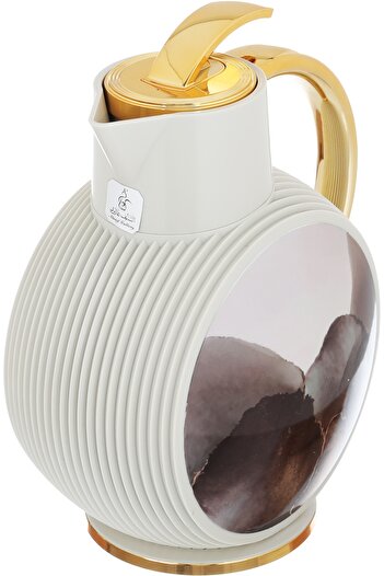 Alsaif Gallery Al Jawhara Thermos, Light Gray, Brown Pattern, Golden Hand, 0.9 Liters