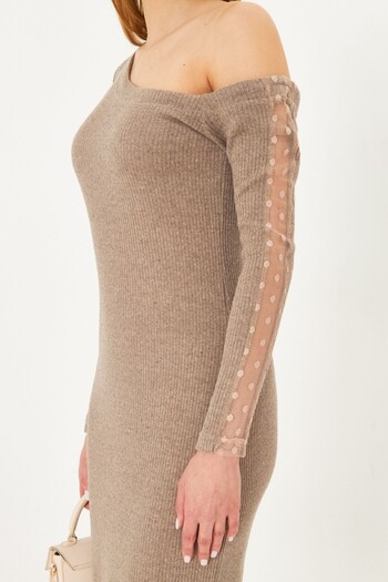 armonika Beige Midi Dress - Asymmetrical Neckline, Tulle Sleeve and Slit Camisole Arm-25K 001081