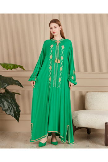 EL jadida Women's Embroidered Plus Size Viscose Long Dress Green