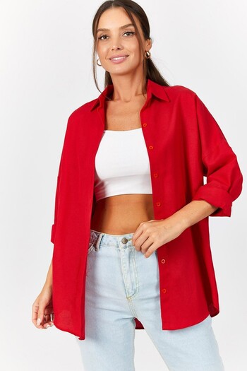 armonika Women's Red Oversize Long Basic Shirt ARM-22Y001118