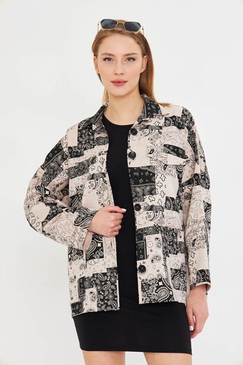 armonika Women's Beige Print Pocket Detail Shirt Jacket Arm-25K 001071