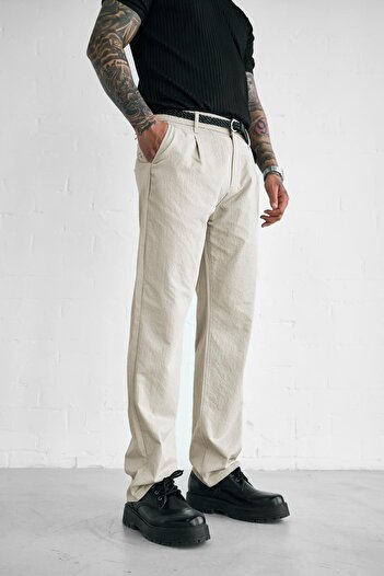 ablukaonline Men's Textured Thin Fabric Regular Fit Trousers Beige