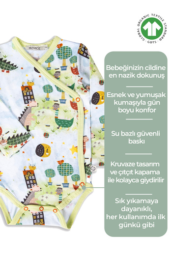 Ozmoz By Mukadder Özden Organic Double Breasted Long Sleeve Dino Printed Unisex Baby Body