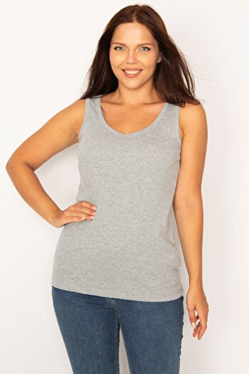 Şans Women's Large Size Gray Cotton Fabric Sleeveless Blouse 65n26628