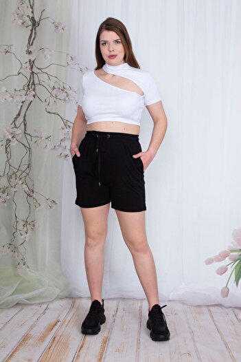 Şans Women's Large Size Black Cotton Fabric Shorts with Elastic Waist and Eyelet Lace Detail and Pockets 65n23748