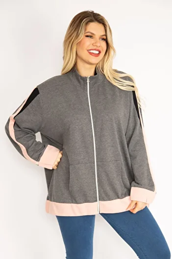 Şans Women's Large Size Gray Front Zippered Kangaroo Pocket Sweatshirt Coat 65n35046
