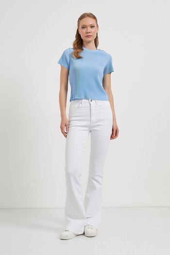 Arma Life Women's Pleated Short Sleeve Summer Tight Blue Crop Blouse