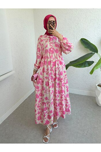 Modamorfo Half Button Sleeve Elastic Patterned Dress -Pomegranate Flower