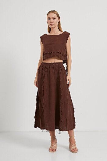 Arma Life Women's Elastic Waist Summer Muslin Brown Long Skirt