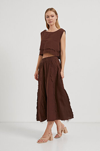 Arma Life Women's Elastic Waist Summer Muslin Brown Long Skirt