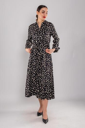 AYHAN 61907 Satin Flower Pattern Buttoned Belted Long Dress