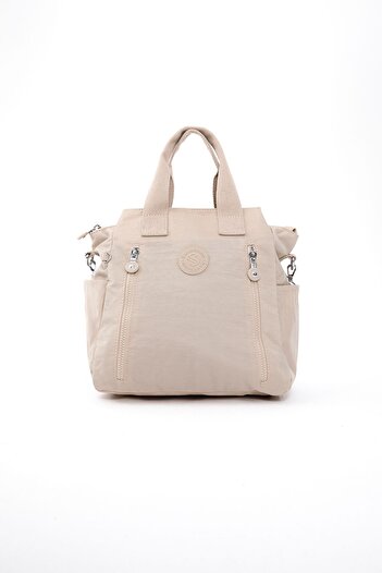 Sanmorris Women's Large Size 7 Compartment Water Resistant Crinkle Fabric Cream Hand and Shoulder Bag
