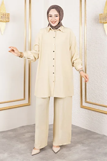 Tesettür Dünyası Double Suit with Stitching Detail Tsd250180 Beige