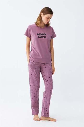 modaserdem Mdsrdm Women's Purple Star Pattern Combed Cotton Short Sleeve Pajamas Set