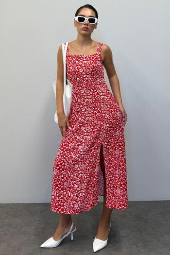 Madmext Red Patterned Slit Long Dress MG1868