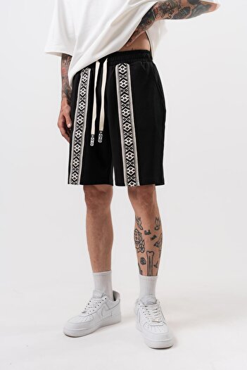 Respire Men's Ethnic Stripe Detailed Interlock Shorts Black