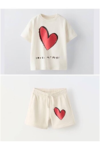 MİO Girl's Cotton T-Shirt and Shorts Set - Summer Sports Style Cream