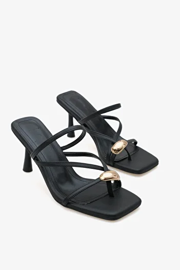 LOJO Women's Gold Buckle Heeled Strappy Daily Slippers Lary Black