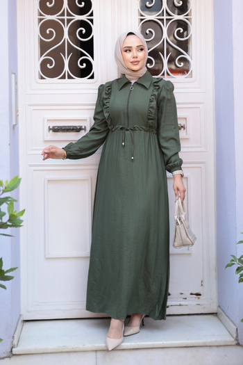 Neva Style Χακί Ρόμπα Hijab με φερμουάρ 17021HK