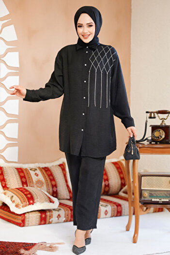 Neva Style طقم حجاب أسود مزين بالخرز 28131S