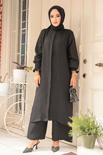 Neva Style طقم حجاب أسود مكون من قطعتين - زر، 12591S