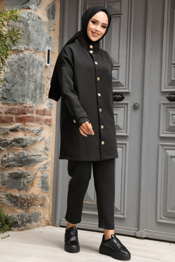Neva Style Black Hijab Double Set - Buttoned, 12391S
