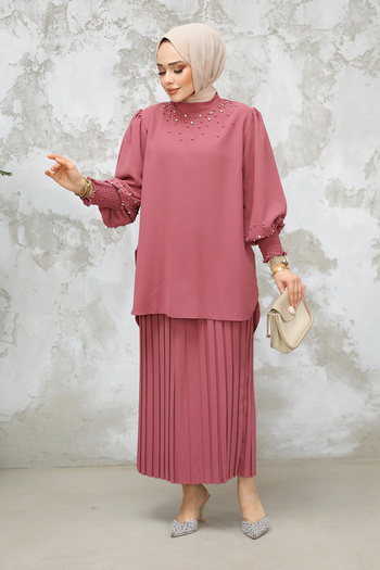 Neva Style Διπλό Σετ με Πέρλες Κεντημένο Dusty Rose Hijab Φούστα 10991GK