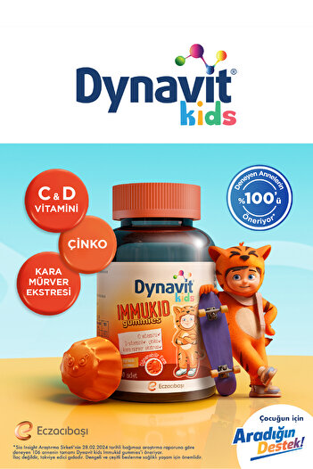 Dynavit Kids Immukid Gummies 60 Çiğnenebilir - Bağışıklık - Çocuklar için C, D Vitamini, Çinko, Kara Mürver