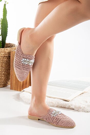 diya shoes Women's Stoned Slippers Closed Front Straw Lace Knitted Dowry Daily Sandals