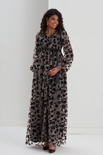 Işşıl A024-Sharmaşık Pattern Organized Tulle Double Breasted Collar Maternity Dress