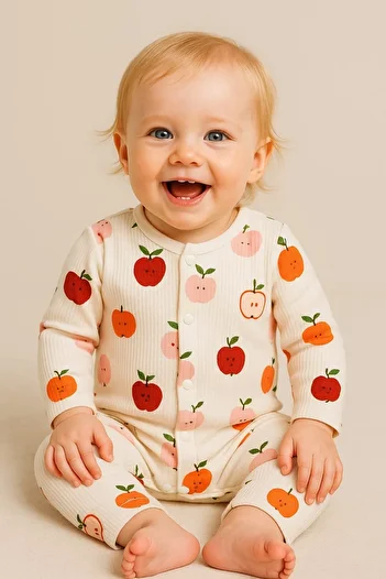 dinamik çocuk Apple Printed Flexible Baby Jumpsuit - 100% Cotton, 1-3-6 Months, Unisex