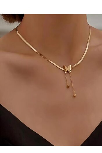 Generic Stainless Steel Frosted Butterfly Pendant Fashion Snake Bone Chain Titanium Steel Tassel Necklace