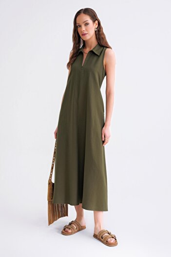 Mixray 4692 Women's Shirt Collar Zippered Midi Length Oxford Dress Khaki