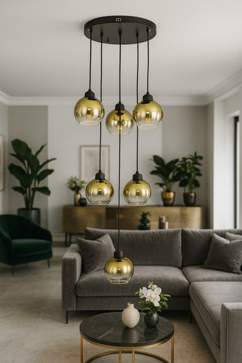 Avizemoda Side 6 lı Gold Camlı Salon Oturma Odası Modern Sarkıt Avize - (Siyah Kasa)
