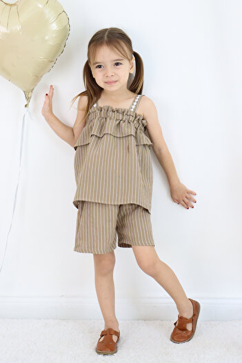 FESSHERA KİDS Strappy Striped Shorts Set – Ruffle and Floral Embroidery Detail 💜