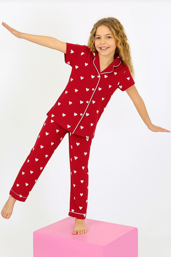 Minimoon Cotton Girl's Button Heart Patterned Pajamas Set