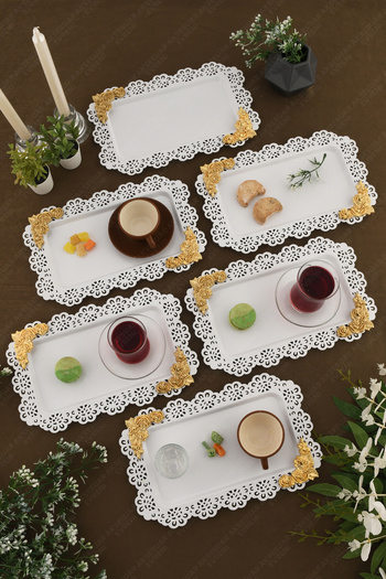 AKSESUAR EVRENİ Luce White Lace Edged Carved Detailed Rectangular 6-Piece Decorative Presentation Tray