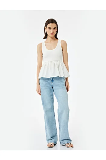 Koton Cotton Two Different Fabrics Use U-Neck Peplum Cut Tank Top
