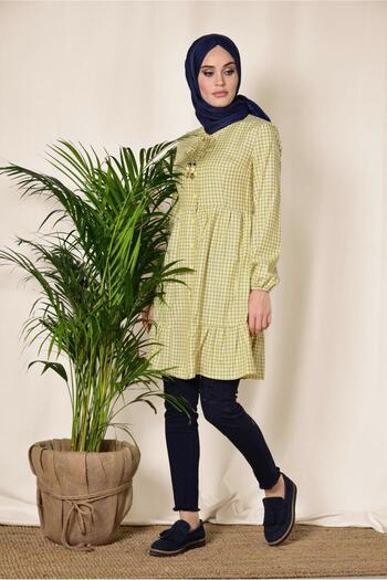 Alvina Square Patterned Neck Lace Balloon Sleeve Tunic 4982