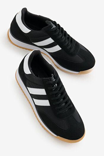 Tonny Black Unisex Siyah Beyaz Termo Taban Çift Şeritli Bağcıklı Spor Ayakkabı