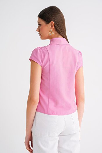 Mixray 4698 Kadın Ay Kol Fit Pensli Gömlek Pembe