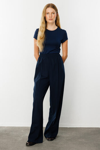 Hooopstore Navy Blue Ribbed Crepe Pants