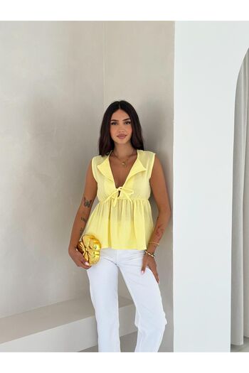 LE CARAMBOLE Women's Yellow V-Neck Front Lace-Up Linen Blouse