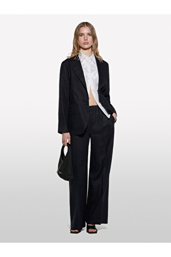 Sisley Women's Black 100% Linen Elastic Waist Pleated Front Wide Leg Pants