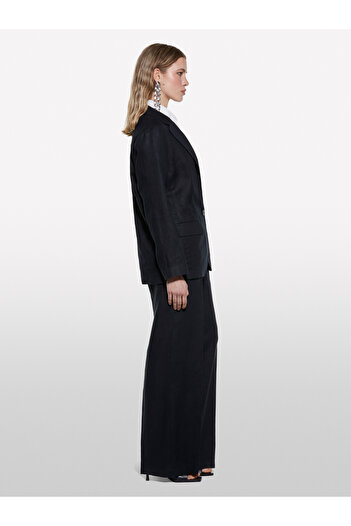 Sisley Women's Black 100% Linen Elastic Waist Pleated Front Wide Leg Pants
