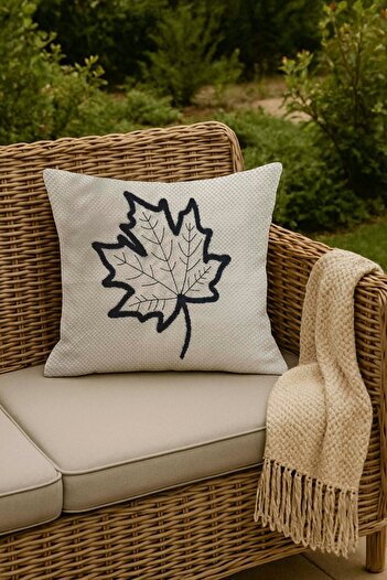Rivaİstanbul Leaf Patterned Straw Look Woven Punch Throw Pillow Cover