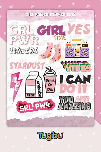 TUGİBU Girl Power Sticker Set, Pink Sticker, 14 Pink Stickers
