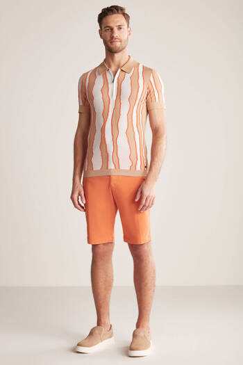 Hemington Stripe Detailed Sand Color Mercerized Cotton Knitwear Polo
