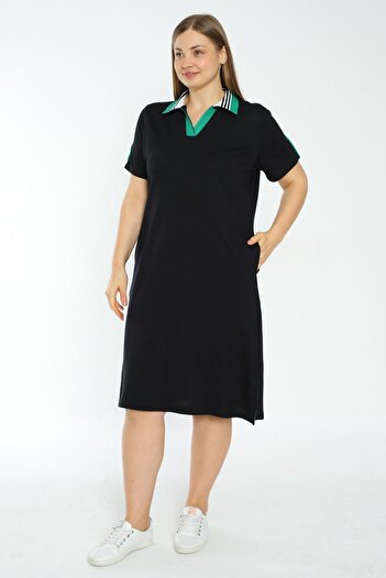 İntensive women's plus size black v-neck pocket short-sleeved dress